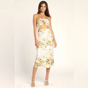Lulus Unforgettable Moments Ivory Floral Cutout Halter Midi Dress size Small